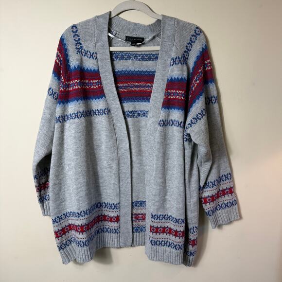 Lane Bryant Fair Isle Open Cardigan Gray Red Blue Metallic SZ 18/20 Work Cozy - Picture 1 of 8